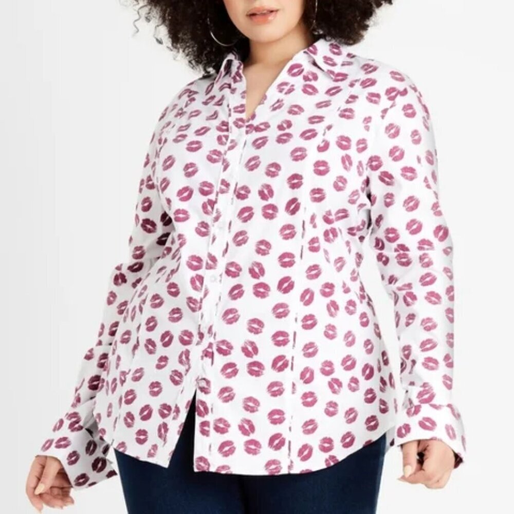Ashley Stewart Size 26 Lips Print Long Sleeve Stretch Women's Top Blouse